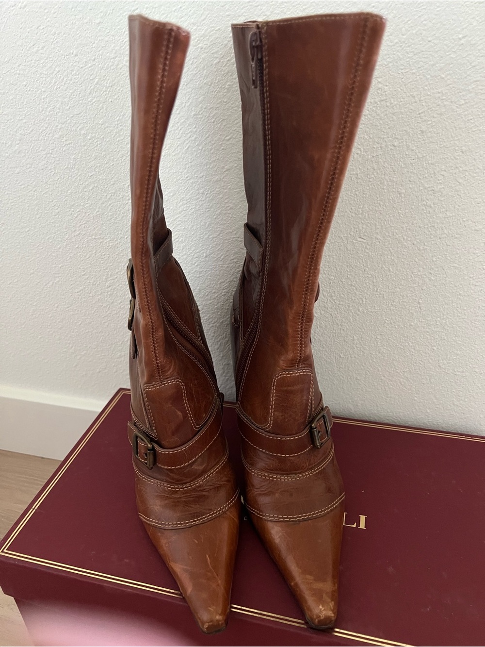Carlos Santana Cognac Leather Pointed-Toe Mid-Calf Boots